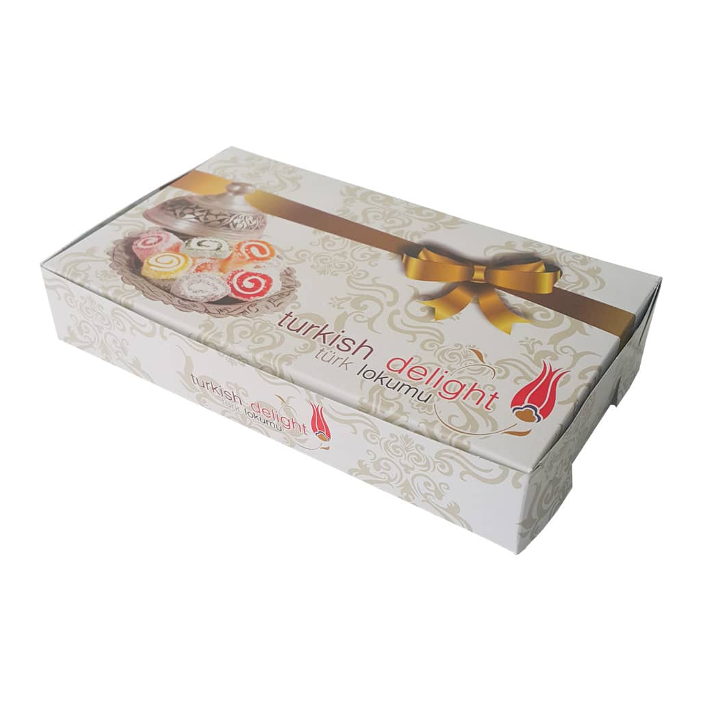 prepared turkish delight boxes with high quality cartboard structure, leakproof and special turkish deligh images printed features 500gr closed