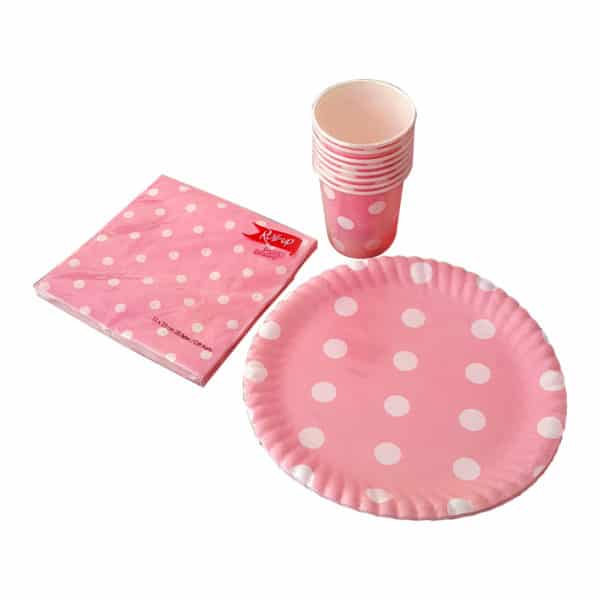 pembe puantiyeli temalı set peçete (33x33cm kare peçete 20adet) kağıt tabak (22cm-8adet) kağıt bardak (8 ad