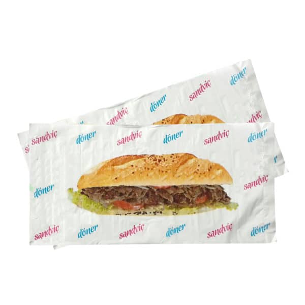 Döner sandviç poşeti 12×24,5 cm ebatta, 1000 adetli pakette. Ürün naylondan üretilmiş olup, döner görseli baskılıd