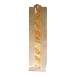 Pencereli kese kağıdı baget ekmek 63x11x5 cm ebatında 5 kg’lık ve 10 kg’lık pakette, ürün kraft renktedir ve esmer kağıttan üretilmiştir