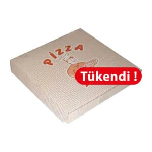 21x21x3,5 cm pizza kutusu 100 adetli pakette ve standart baskılı görsel, gıdayla temasa uygun 300 gr krome kartondan üretilmiştir.