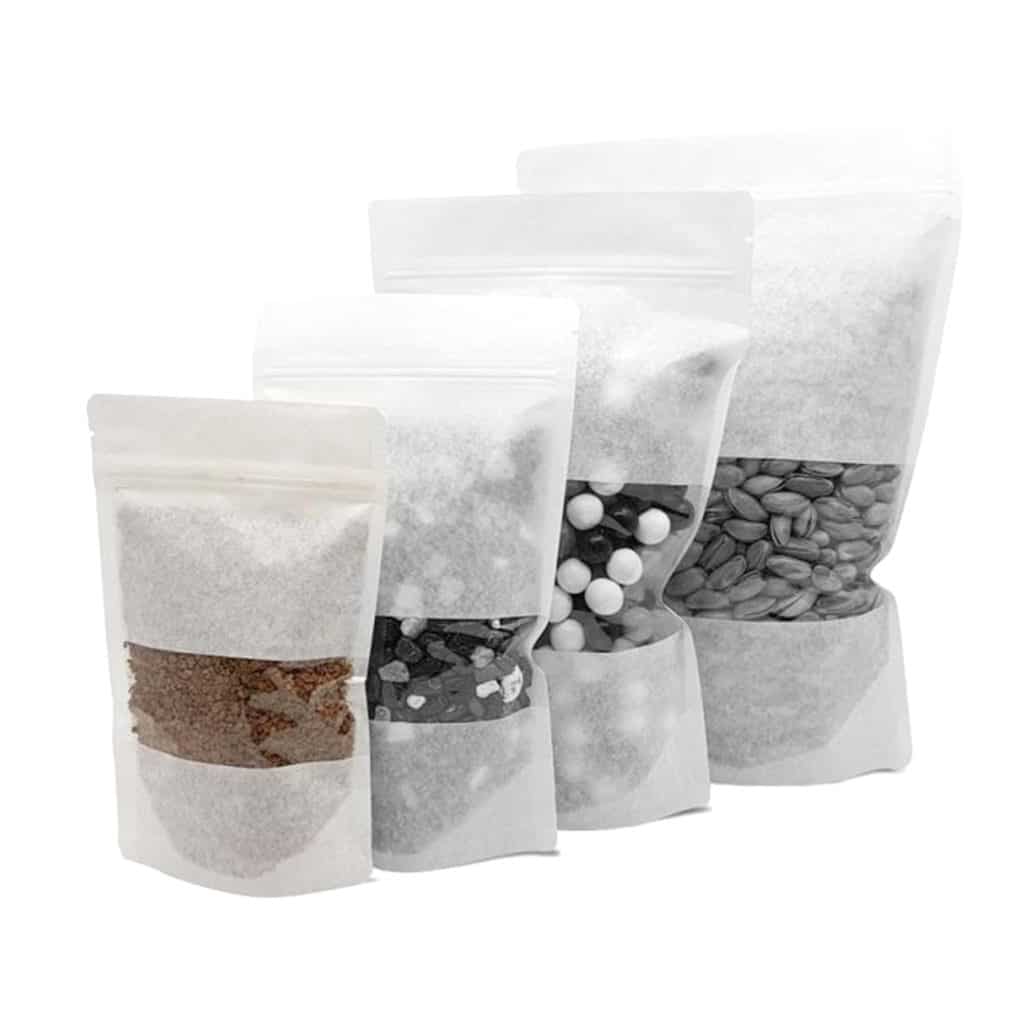 Kilitli kese torbası beyaz kraft pencereli 11×18,5×3,2 cm ebatında, 100 adetli, 250 adetli, 2000 adetli pakette.