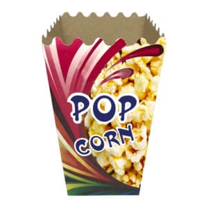Popcorn kutusu küçük boy 5,5x8x16 cm ebatında 500 adetli ve 5000 adetli pakette. Ürün gıdayla temasa uygun kartondan üretilmiştir.