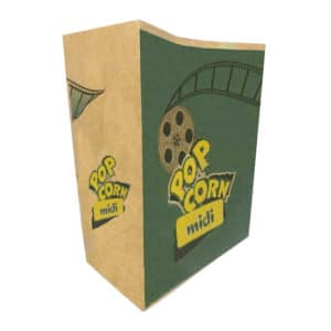 Popcorn kese kağıdı midi boy 15x20x8 cm ebatında, 500 adetli ve 5000 adetli pakette. Ürün gıdayla temasa uygun esmer kağıttan üretilmiştir.