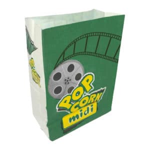 Popcorn kese kağıdı midi boy 15x20x8 cm ebatında, 500 adetli ve 5000 adetli pakette. Ürün gıdayla temasa uygun beyaz kağıttan üretilmiştir.