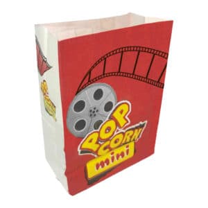 Popcorn kese kağıdı mini boy 12,5x18x7 cm ebatında, 500 adetli ve 5000 adetli pakette. Ürün gıdayla temasa uygun materyalden üretilmiştir.