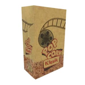 Klasik model popcorn kese kağıdı 10,5x16x6 cm ebatında, 500 adetli ve 5000 adetli pakette. Ürün gıdayla temasa uygun materyalden ütetilmiştir.