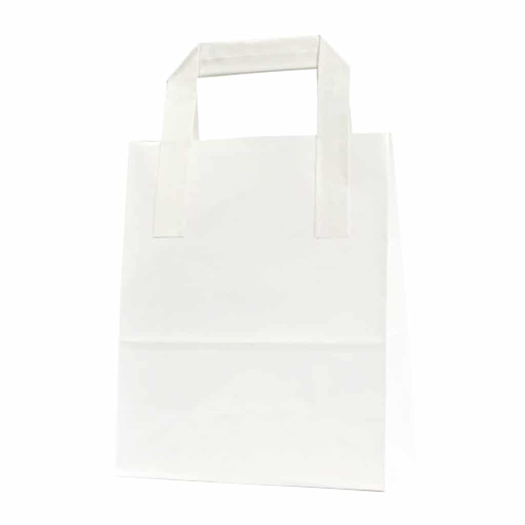 Dıştan kulplu beyaz renk 18x9x22 cm kağıt çanta 50 adetli veya 500 adetli paketlerde