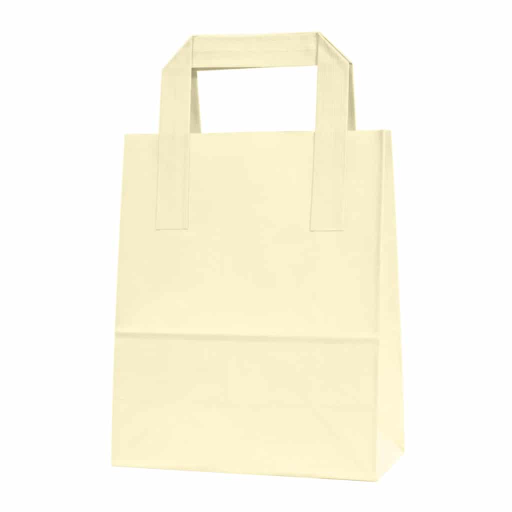 Dıştan kulplu krem renk 18x9x22 cm kağıt çanta 50 adetli veya 500 adetli paketlerde