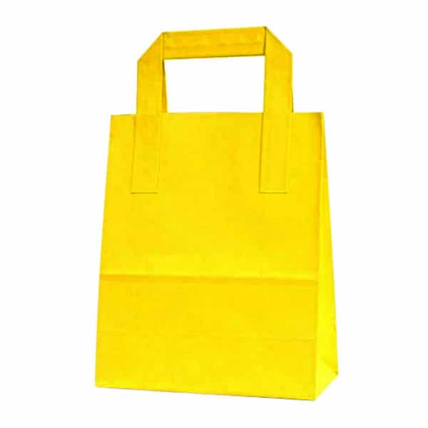 Dıştan kulplu sarı renk 18x9x22 cm kağıt çanta 50 adetli veya 500 adetli paketlerde