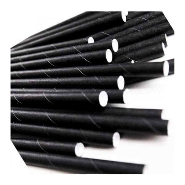 Kağıt pipet 10 mm çapında ve 200 mm uzunluğunda, 15 adetli pakette, gıdayla temasa uygun materyalden üretilmiştir ve düz siyah renktir.