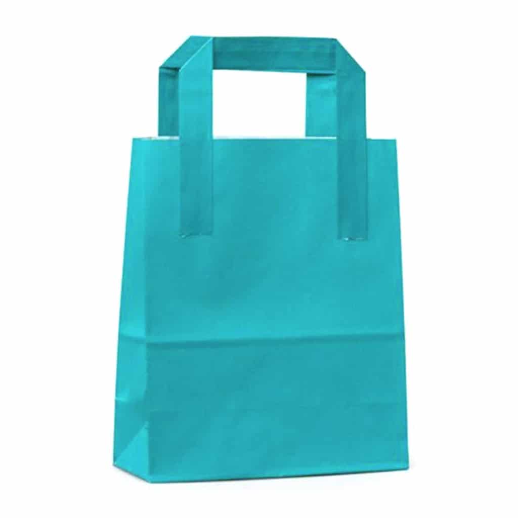 Dıştan Dıştan kulplu turkuaz renk 18x9x22 cm kağıt çanta 50 adetli veya 500 adetli paketlerdekulplu turkuaz renk 18x9x22 cm kağıt çanta 50 adetli veya 500 adetli paketlerde