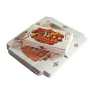 Baklava kutusu 500 gr’lık 21,5x12,5x4 cm ebatta, 100 adetli pakette, ürün gıdayla temasa uygun kartondan üretilmiştir