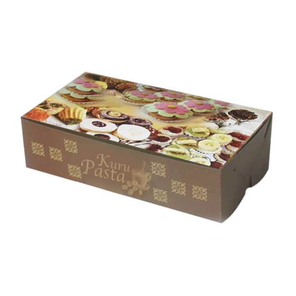 Kuru pasta kutusu 500 gr’lık 22x12x6 cm ebatta, 100 adetli pakette, ürün gıdayla temasa uygun kartondan üretilmiştir