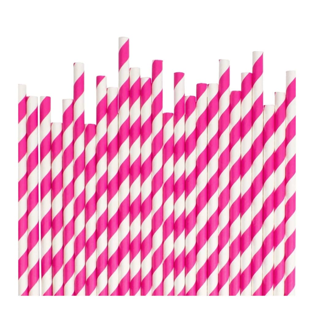 Kağıt pipet 6 mm çapında ve 195 mm uzunluğunda, 25 adetli pakette ve gıdayla temasa uygun materyalden üretilmiştir ve beyaz üzerine diagonal pembe çizgili desendedir.