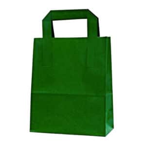 Dıştan kulplu koyu yeşil renk 18x9x22 cm kağıt çanta 50 adetli veya 500 adetli paketlerde