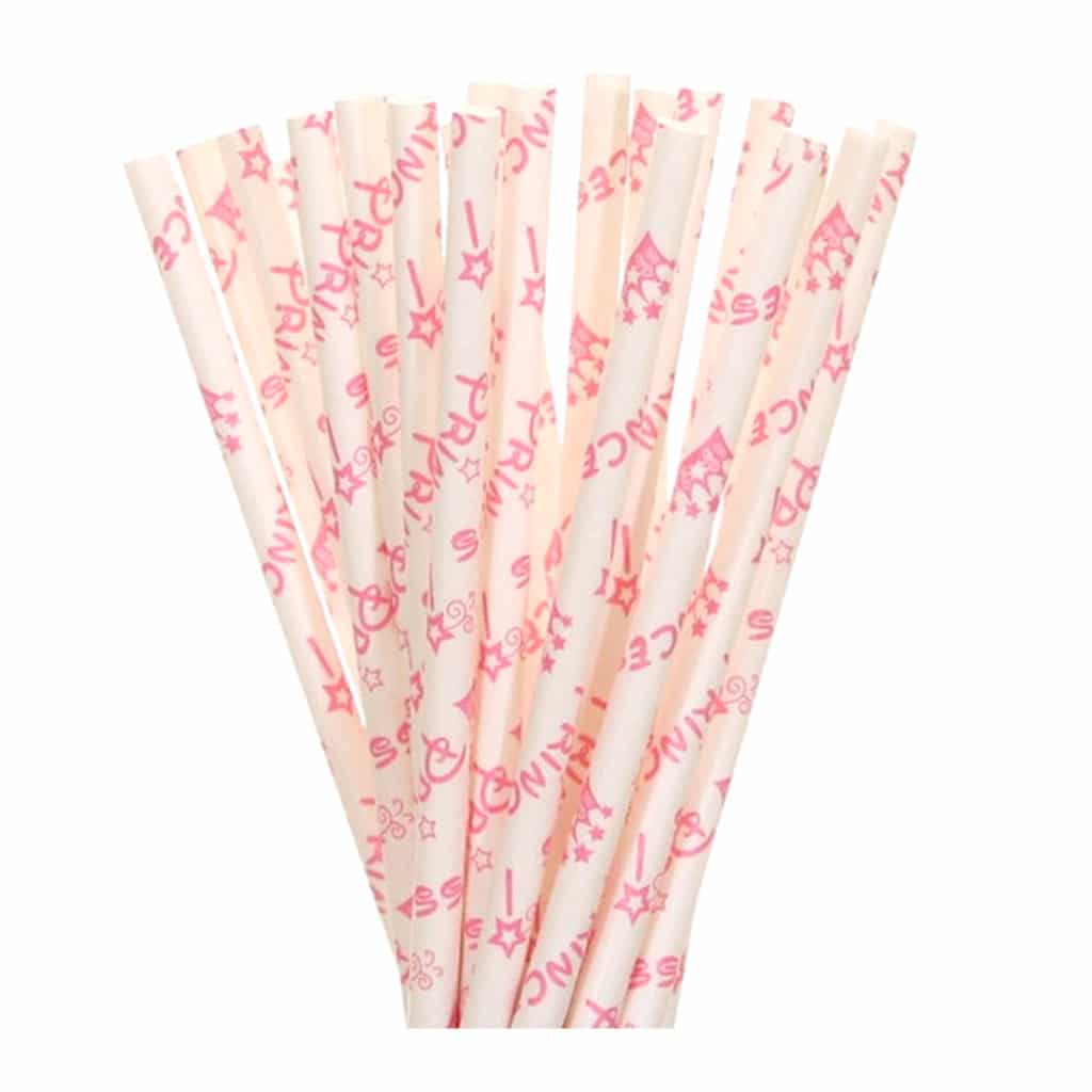 Kağıt pipet 6 mm çapında ve 195 mm uzunluğunda, 25 adetli pakette ve gıdayla temasa uygun materyalden üretilmiştir ve beyaz zemin üzeri pembe renk prenses yazılı desendedir.