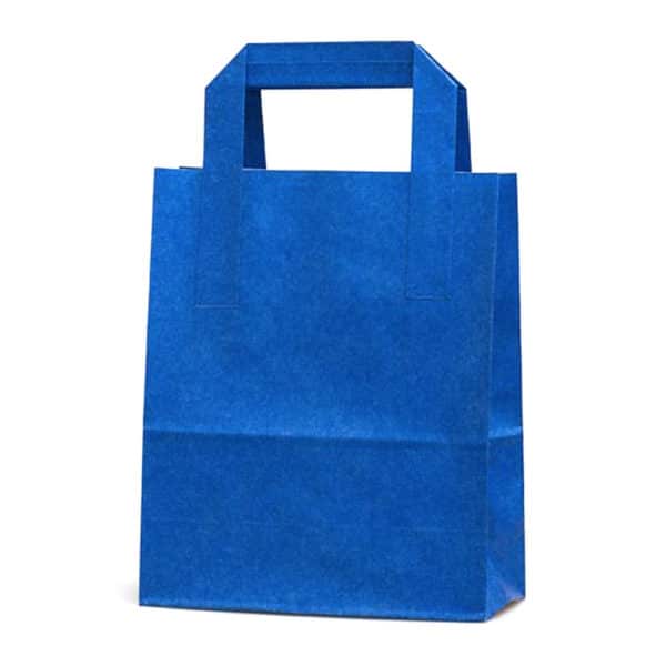 Dıştan kulplu mavi renk 18x9x22 cm kağıt çanta 50 adetli veya 500 adetli paketlerde