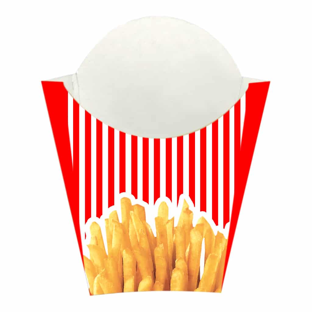 Küçük boy cips kutusu 10x8x4 cm ebatta, 500 adetli pakette, ürün ambalajı kırmızı beyaz çizgili zemin üzerine patates görseli yer almaktadır.