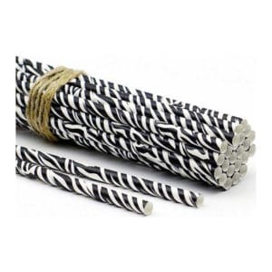 Kağıt pipet 6 mm çapında ve 195 mm uzunluğunda, 25 adetli pakette ve zebra desenlidir