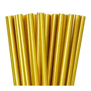 Kağıt pipet 6 mm çapında ve 195 mm uzunluğunda, 25 adetli pakette ve gıdayla temasa uygun materyalden üretilmiştir ve gold metalik renktedir.