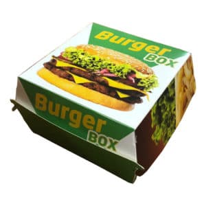 Hamburger kutusu büyük boy 12x12x7 cm ebatta, 200 adetli pakete, ürün ambalajı yeşil beyaz zemin üzerinde hamburger görsellidir
