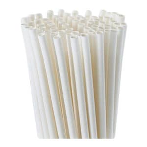 Kağıt pipet 6 mm çapında ve 195 mm uzunluğunda, 25 adetli pakette ve gıdayla temasa uygun materyalden üretilmiştir