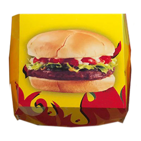 Hamburger kutusu orta boy 11,5×11,5×7 cm ebatta, 125 adetli pakette, ürün ambalajı alevli hamburger görselindedir