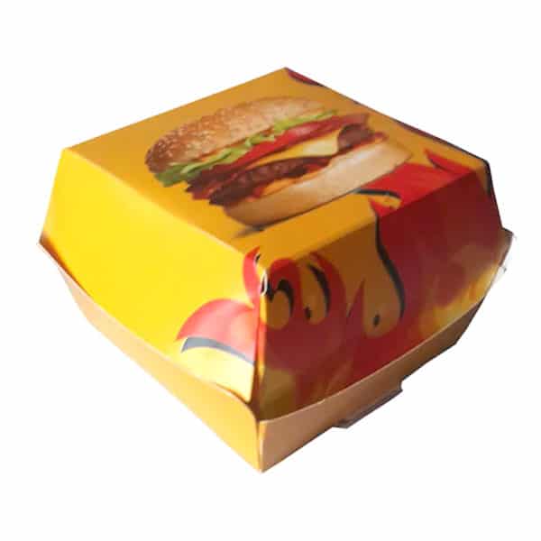 Hamburger kutusu küçük boy 9x9x7 cm ebatta, 200 adetli pakette, ürün ambalajı alevli hamburger görselindedir ve gıdayla temasa uygun kartondan üretilmiştir.