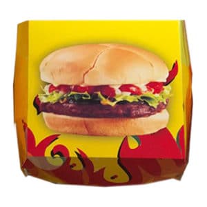 Hamburger kutusu küçük boy 9x9x7 cm ebatta, 200 adetli pakette, ürün ambalajı alevli hamburger görselindedir ve gıdayla temasa uygun kartondan üretilmiştir.