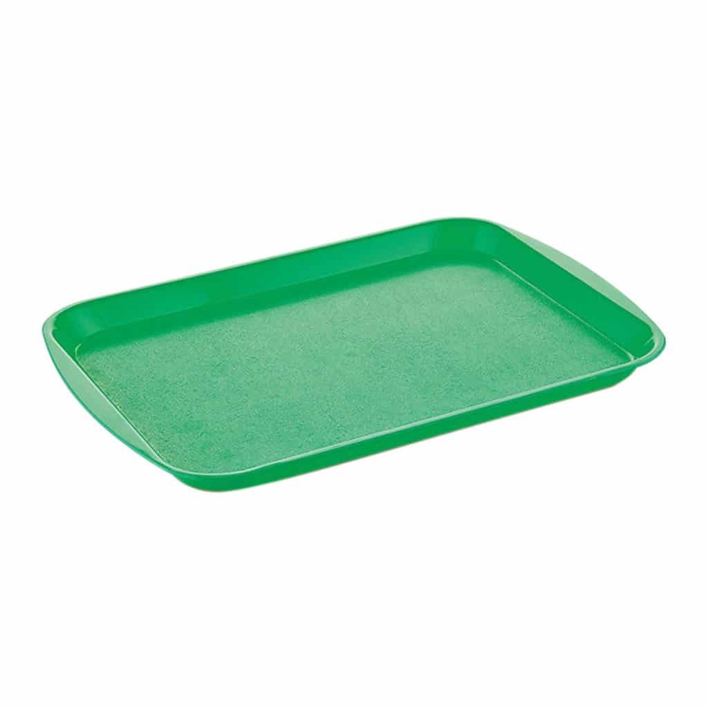 Yeşil fastfood tepsisi küçük boy 27×36 cm ebatta, 1 adetli ve 24 adetli paketlerde ve yeşil renktedir.