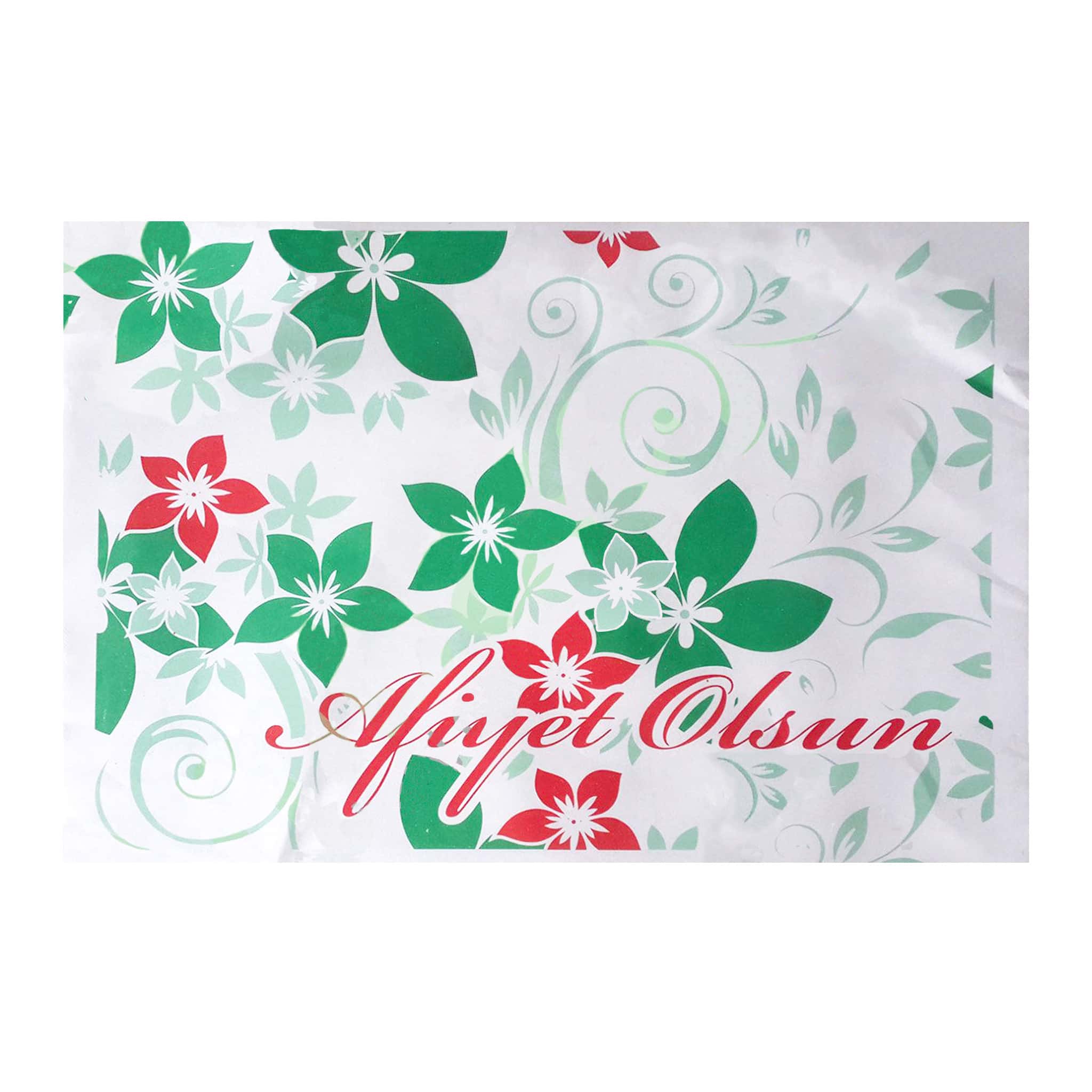 Tepsi kağıdı 27×38,5 cm ebatta, 500 adetli pakette, ürün gıdayla temasa uygun kağıttan üretilmiştir ve beyaz zemin üzerine çiçek görselli